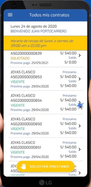 Contracts dashboard showing active loans