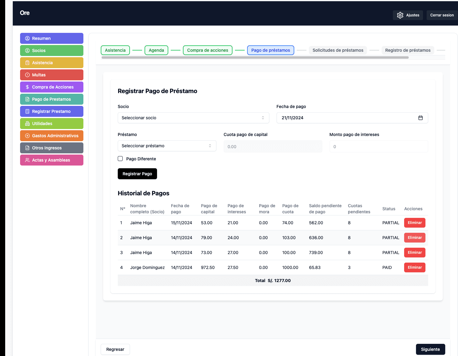 Fields for selecting member, payment date, loan selection, and payment amounts. Payment history table showing previous transactions. Details include capital payments, interest payments, late fees, and remaining balance